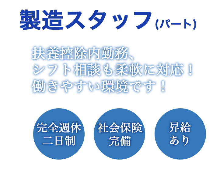 製造スタッフ(パート)扶養控除内勤務可、シフト相談にも柔軟に対応！完全週休二日制、社会保険完備、昇給あり